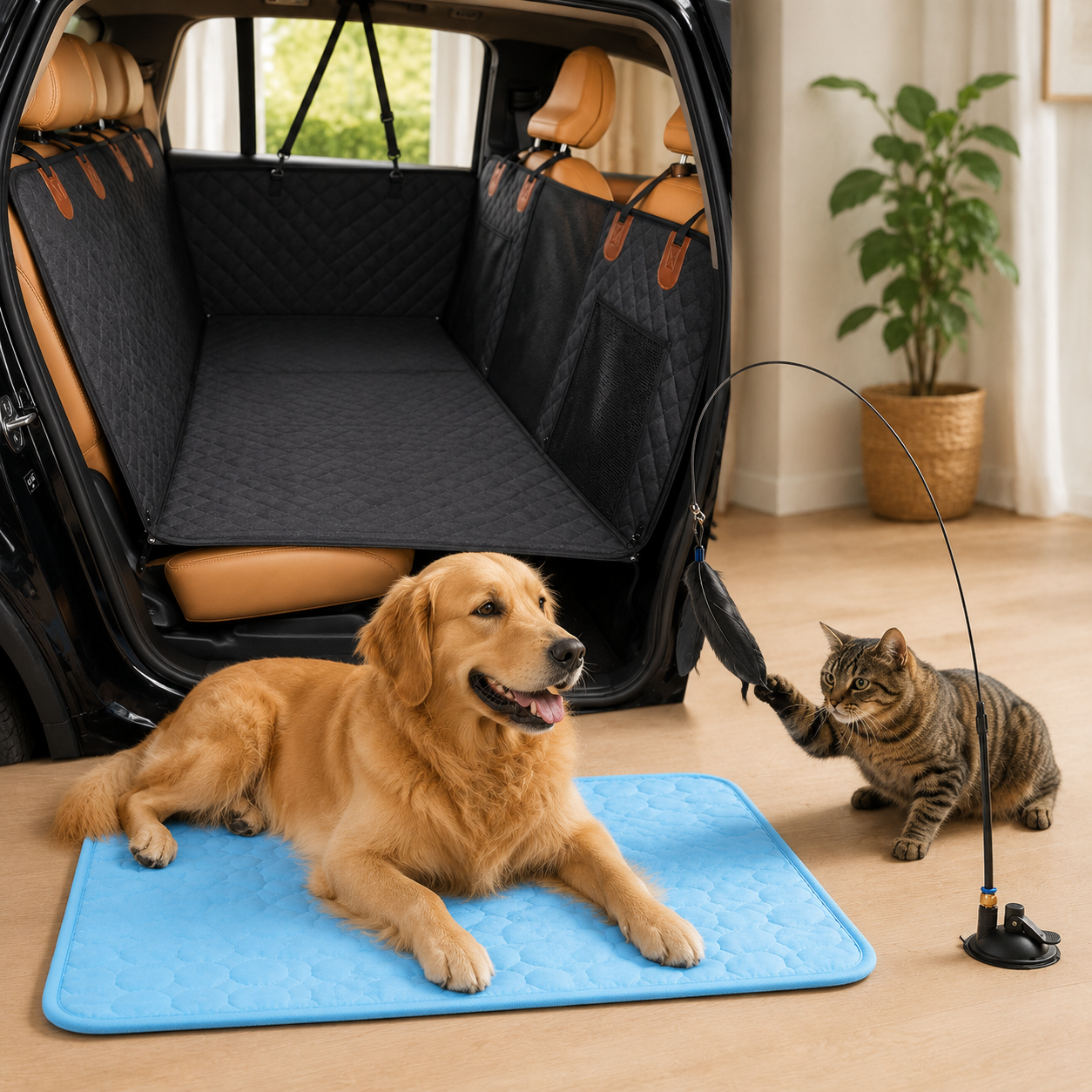 Pawpad Achterbank Beschermer, KoelMat Pro en Kattenhengel met Zuignap